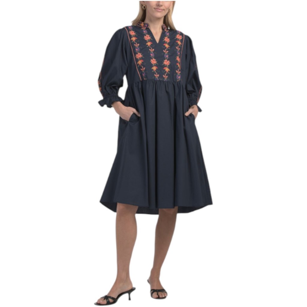 Solitaire Three-Quarter Sleeve Floral Embroidered Midi Dress
